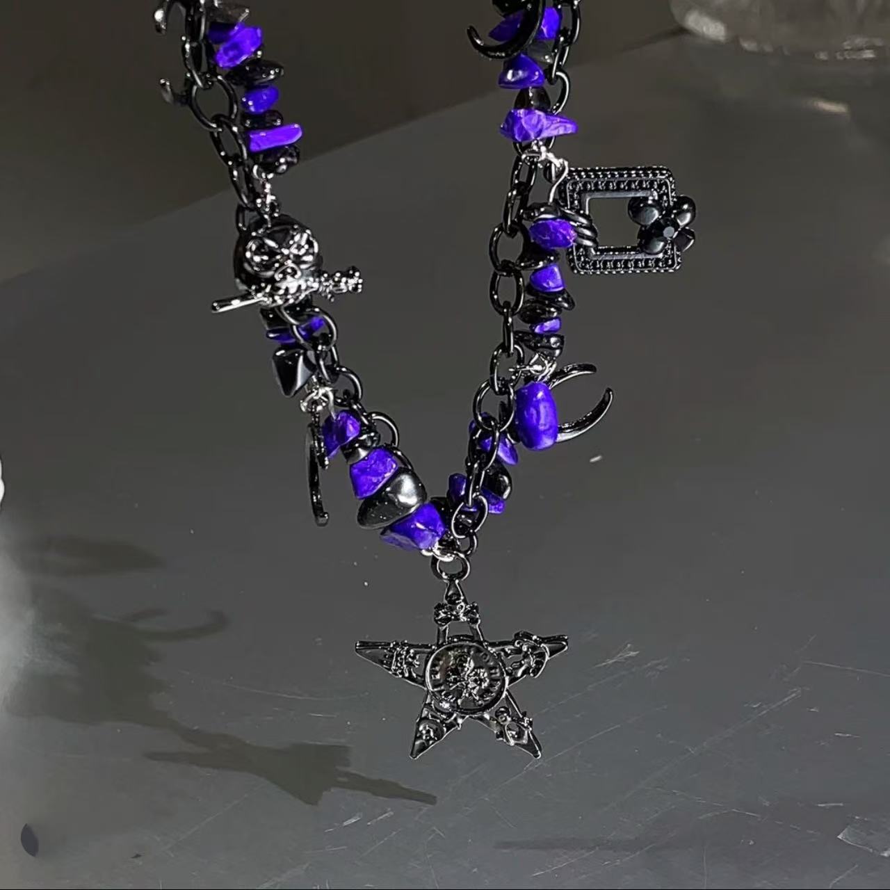 Goth Punk Purple Beads Star & Moon Choker Necklace