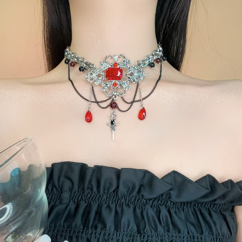 Y2K Gothic Rote Strass Perlen Choker Halskette