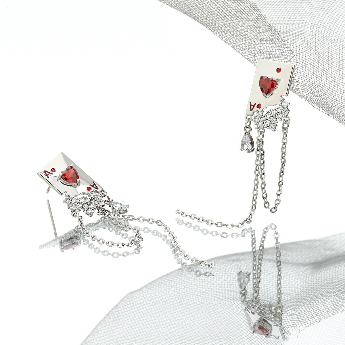 Ace of Red Hearts Tassel Stud Earrings