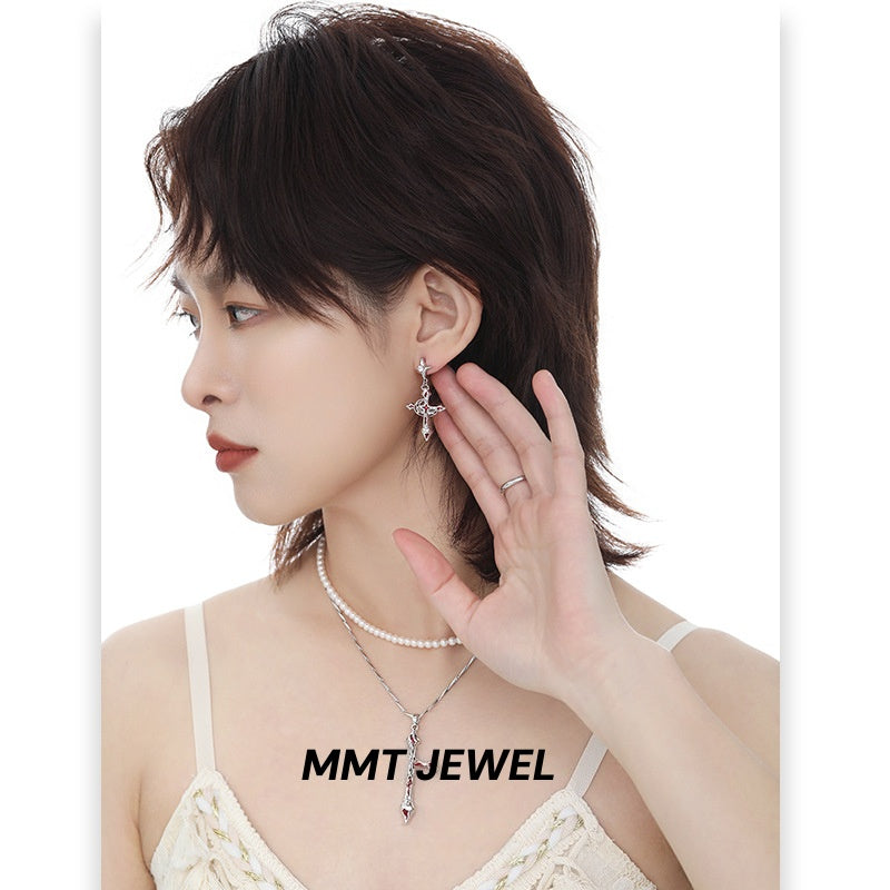 Goth Blood Moon & Cross Asymmetrical Earrings