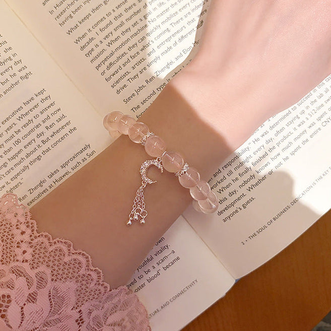 Sweet Pink Crystal Moon Fringe Beaded Bracelet