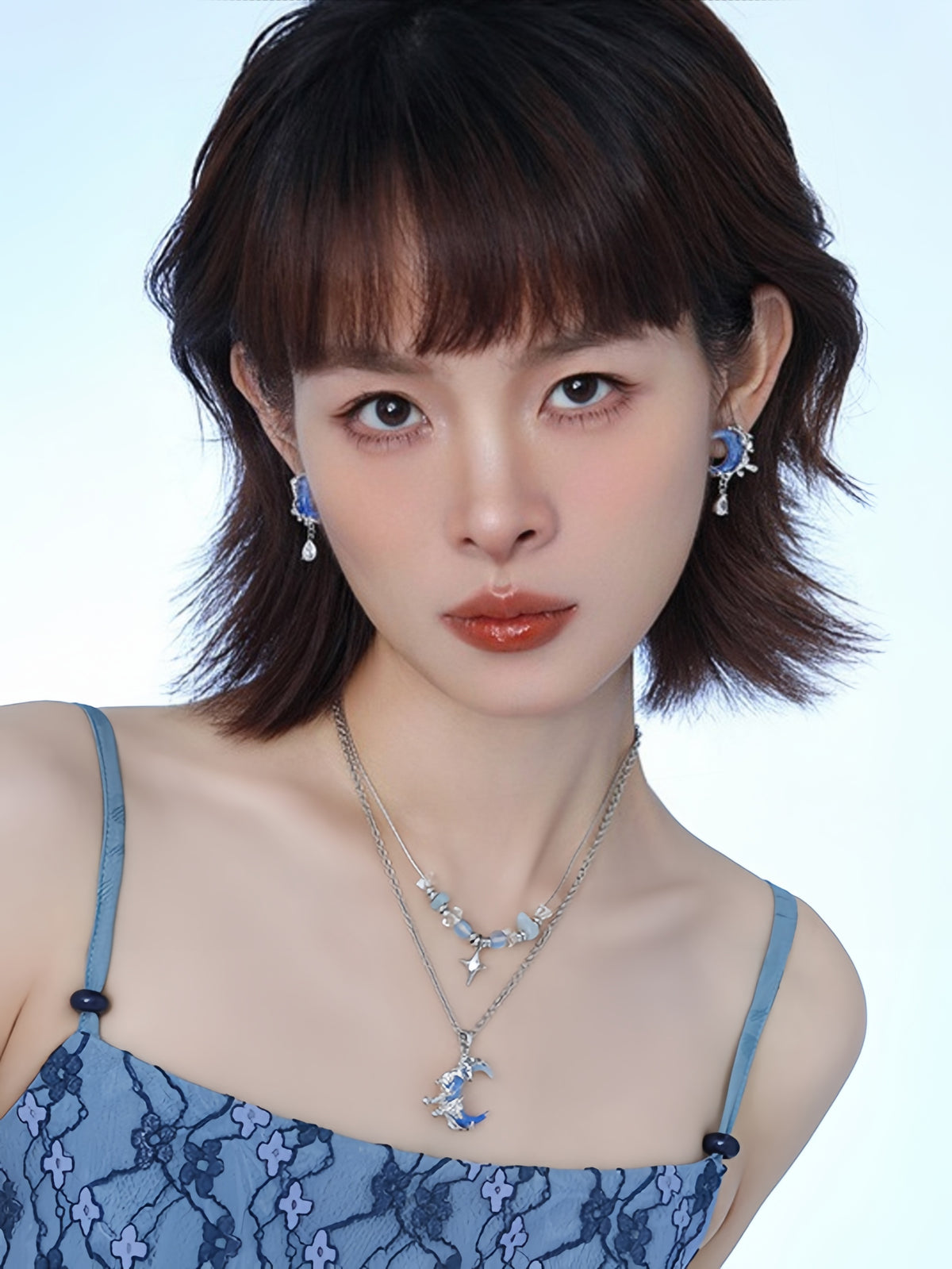 Y2K Blue Moon Rhinestone Stud Earrings For Columbina