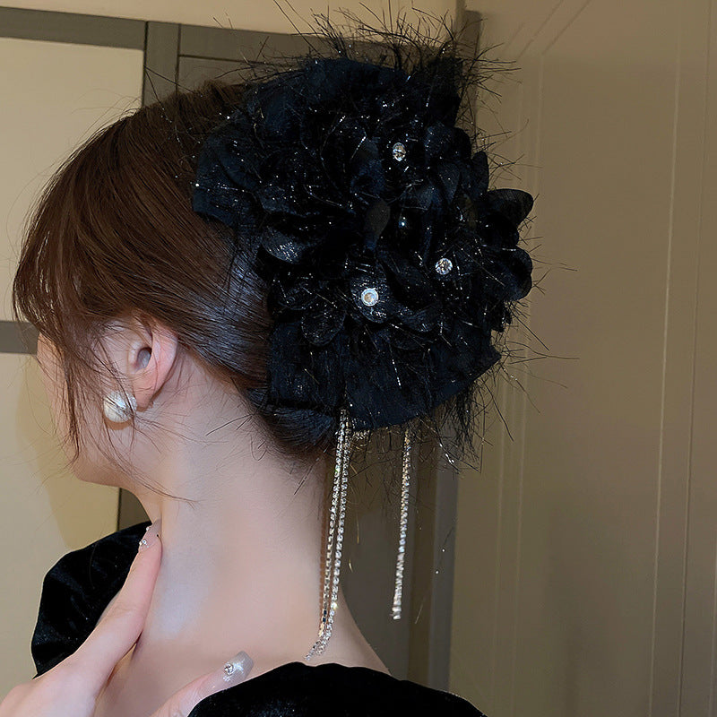 Wunderschöne große schwarze Schmetterling glänzende Strass Quaste Haarspange