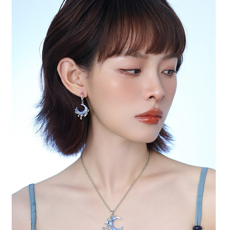 Y2K Blue Moon Rhinestone Dangle Earrings For Columbina