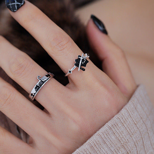 Cute Doodle Black Cat Couple Rings