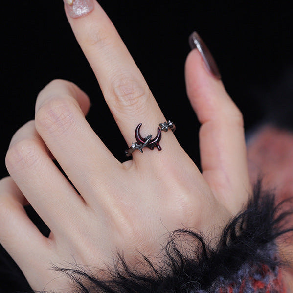 Goth Bloody Star Red Moon Open Ring For Arlecchino
