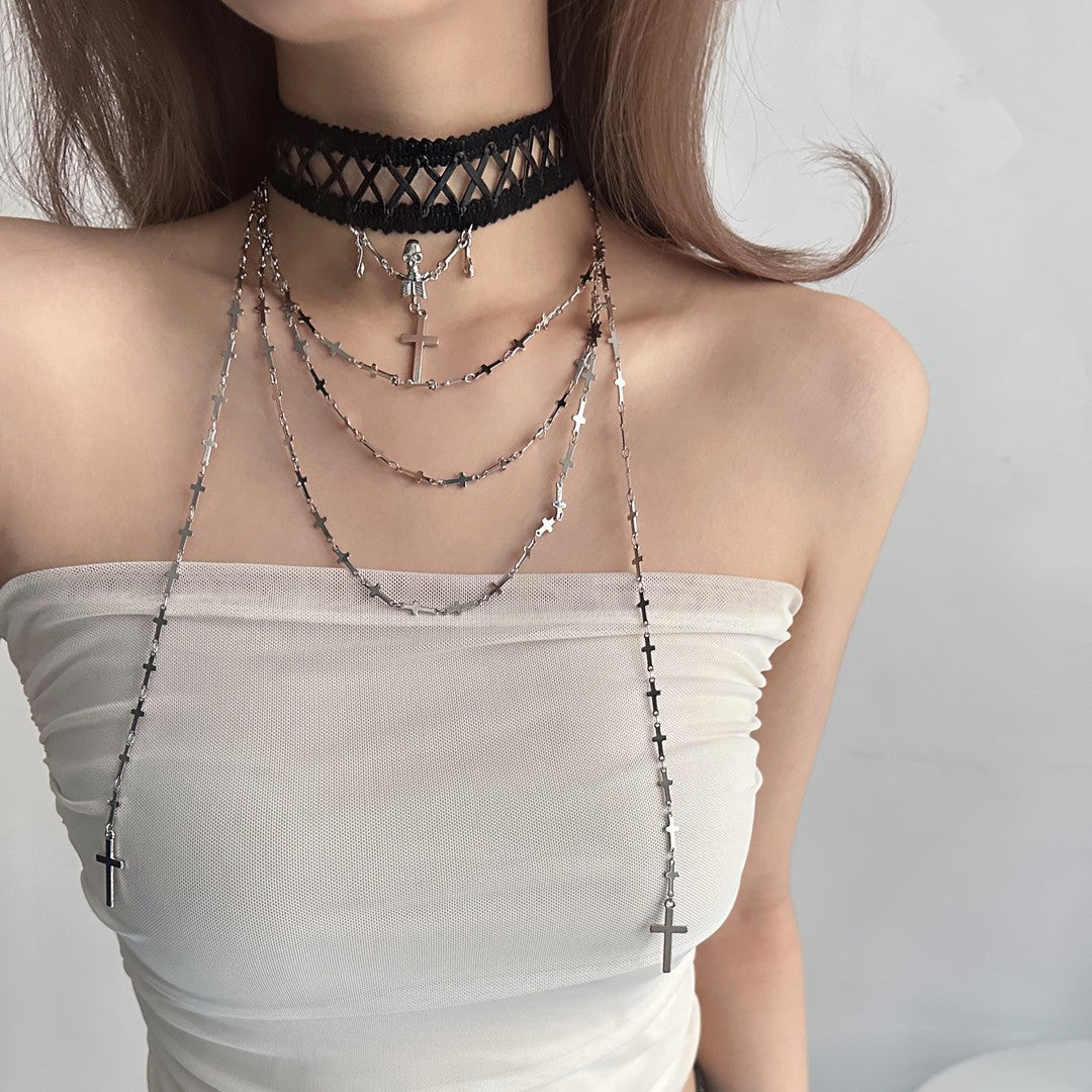 Goth Punk Cross and Skull Double Layer Choker Necklace