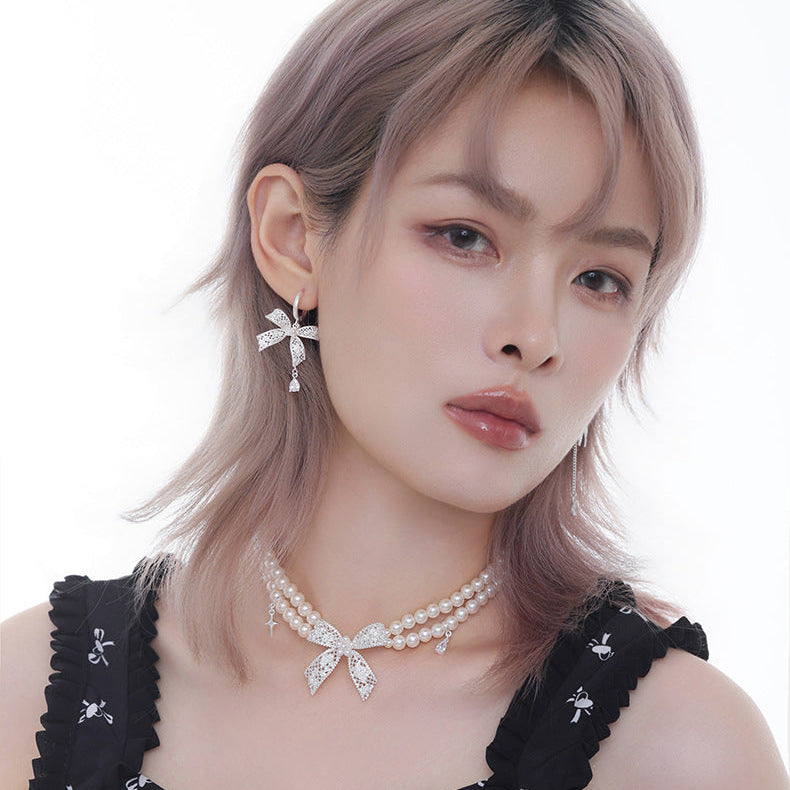 Asymmetrical Lace Bow Hoop Earrings