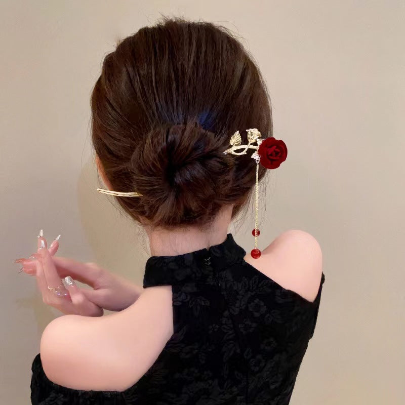 Vintage Red Rose Long Tassel Hairpin