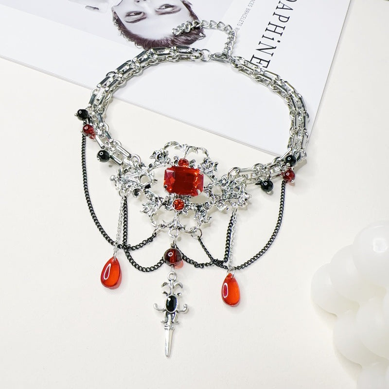 Y2K Gothic Rote Strass Perlen Choker Halskette