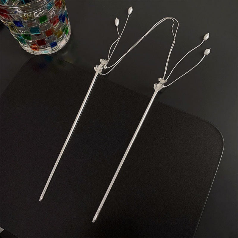 Women Designer Double Silver Flower Pearl Tassel Hairpin