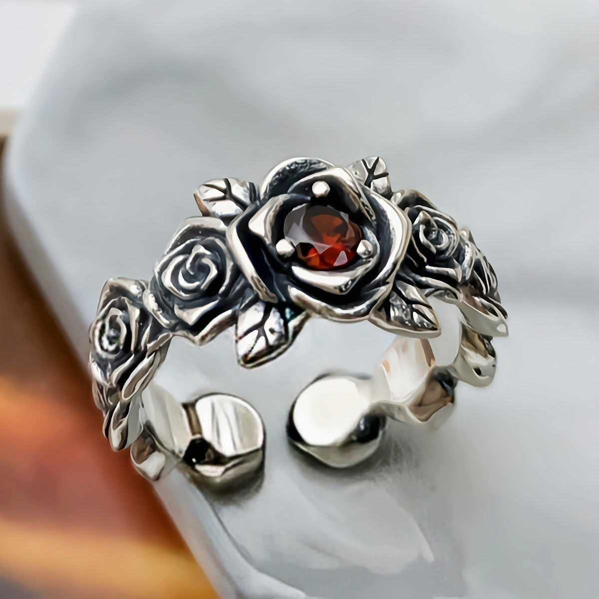 S925 Silber Vintage Rote Rose Ring