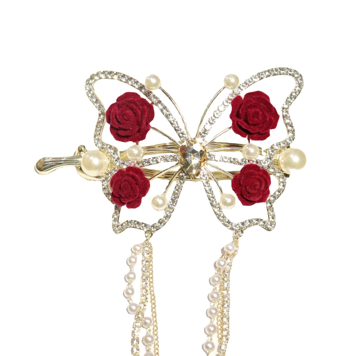 Designer-Haarnadel mit goldenem Schmetterling und roter Rose und Strassperlen