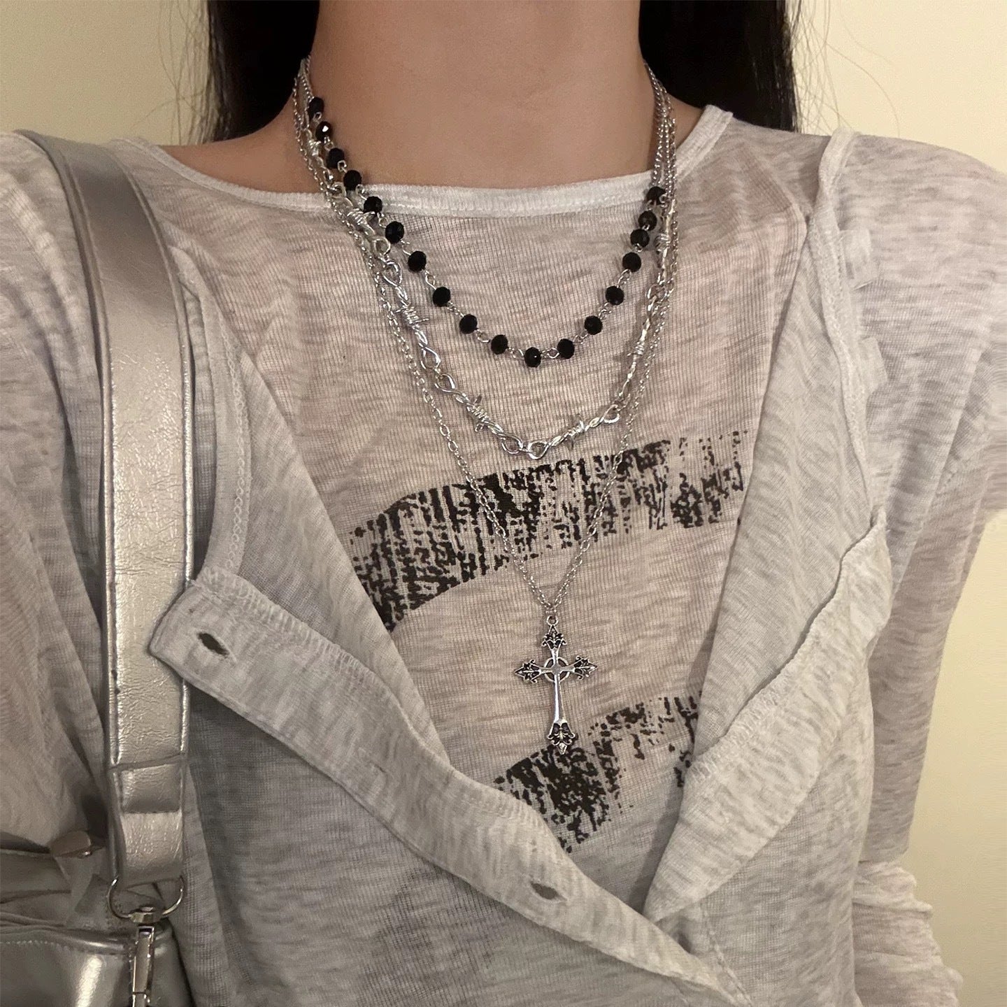 Y2K Goth Vintage Cross Beads Multi-Layer Necklace