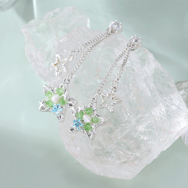 Designer Green Star Tassel Stud Earrings