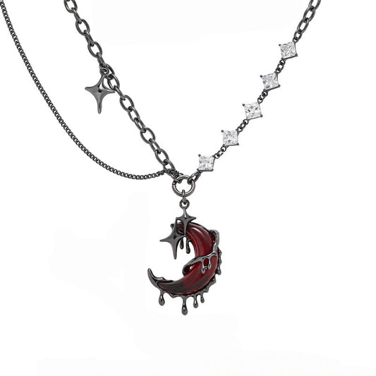 Goth Blood Moon Shining Star Rhinestone Necklace