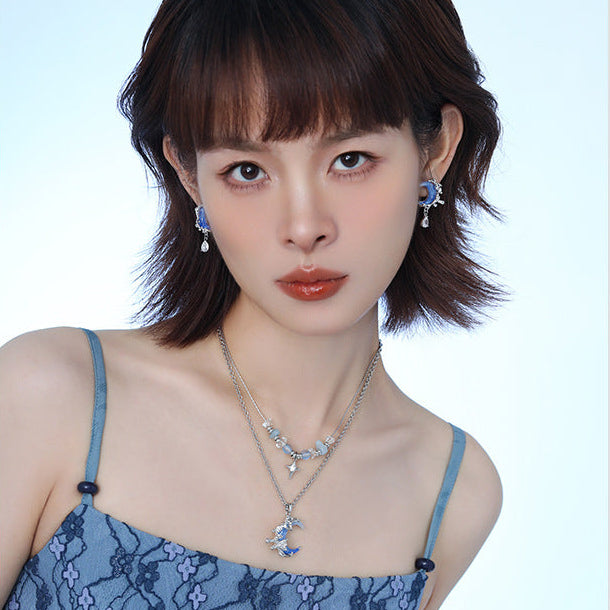 Y2K Blue Moon & Star Double Layer Necklace