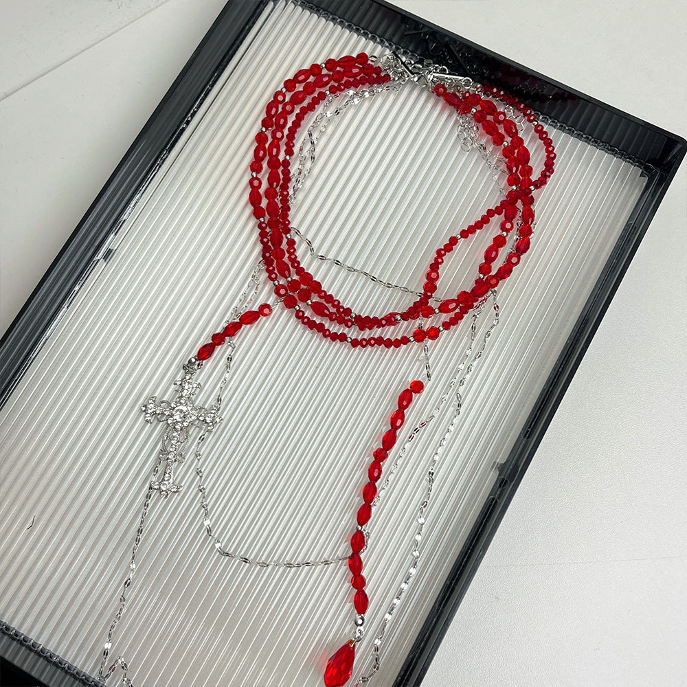 Gothic Girl Rote Perlen Kreuz Mehrlagige Halskette Choker