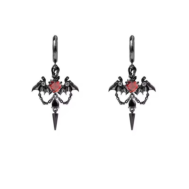 Gothic Bat Rhinestone Heart Hoop Earrings