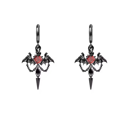 Gothic Bat Rhinestone Heart Hoop Earrings