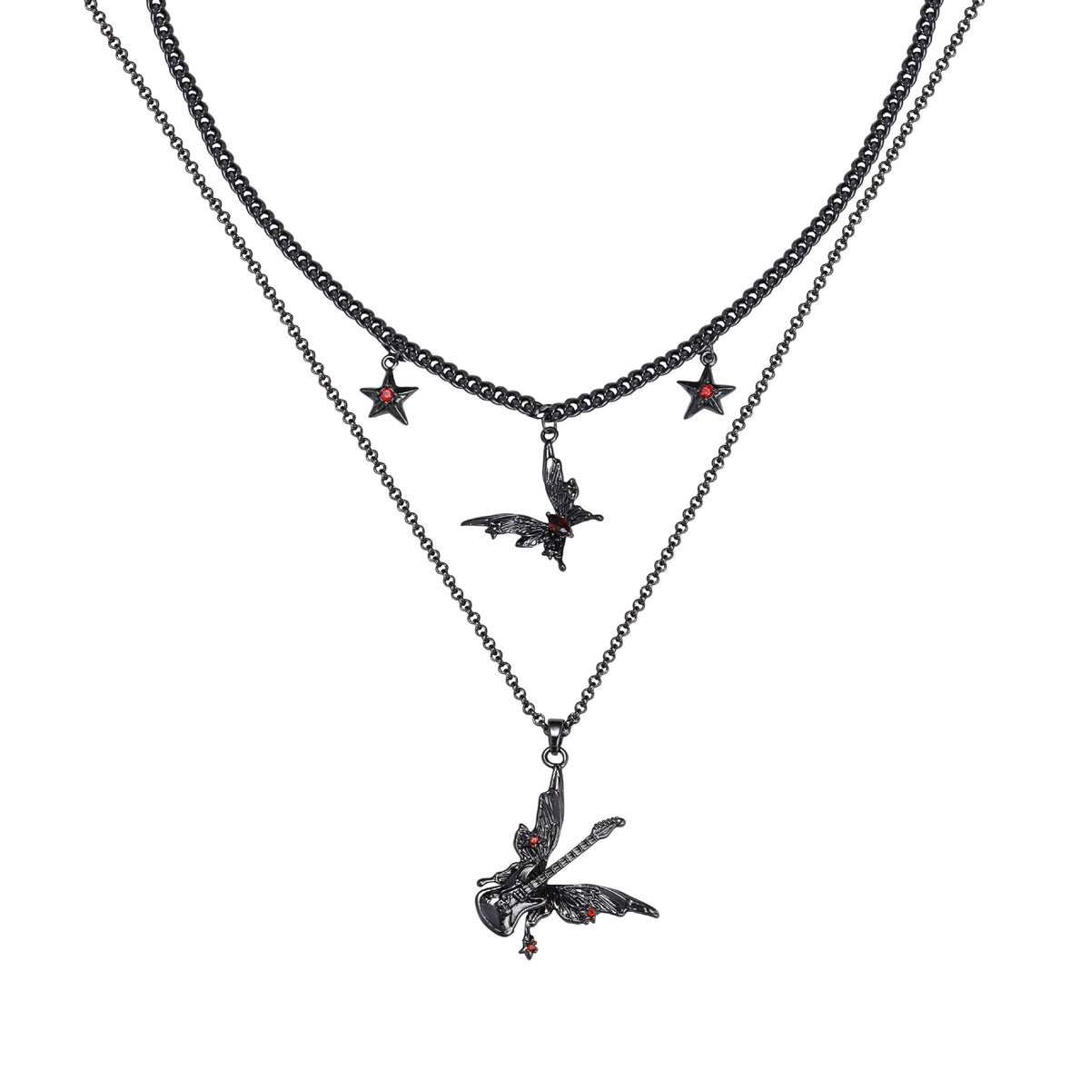 Goth Black Butterfly Guitar Double Layers Necklace