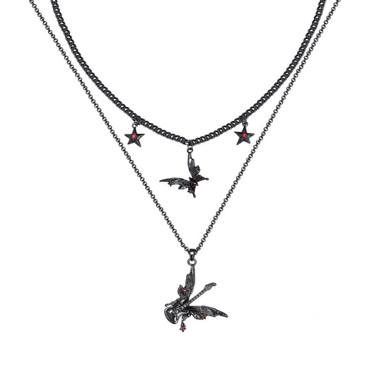 Goth Black Butterfly Guitar Double Layers Necklace