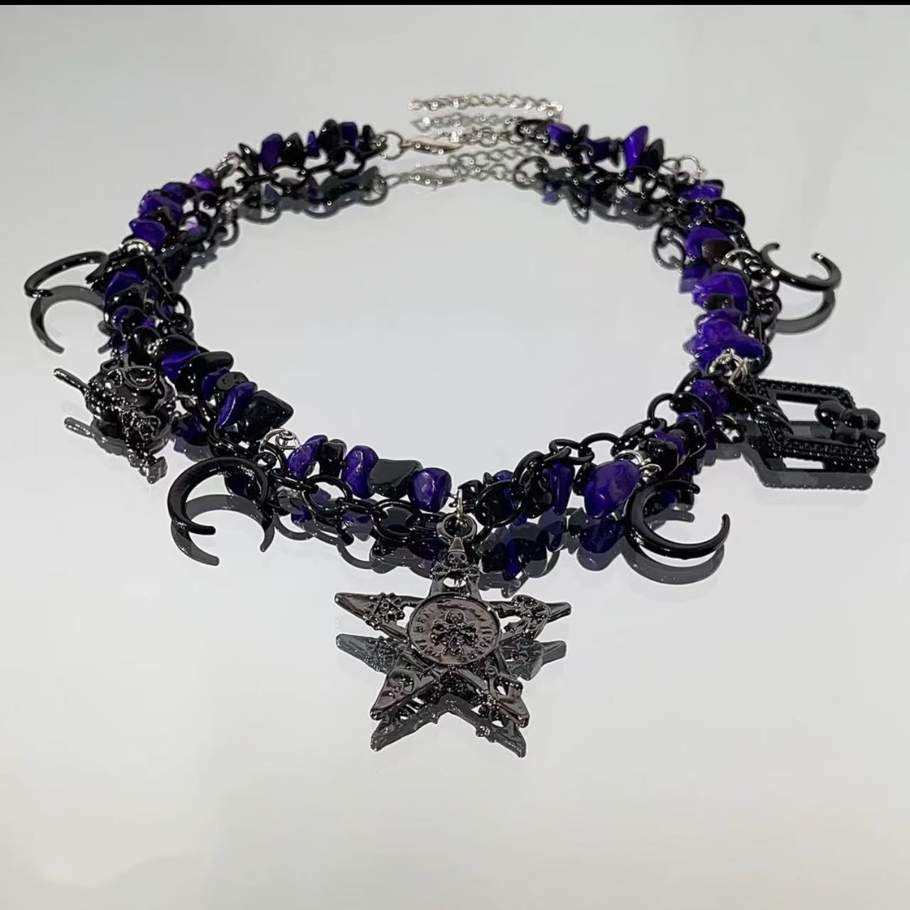 Goth Punk Purple Beads Star & Moon Choker Necklace
