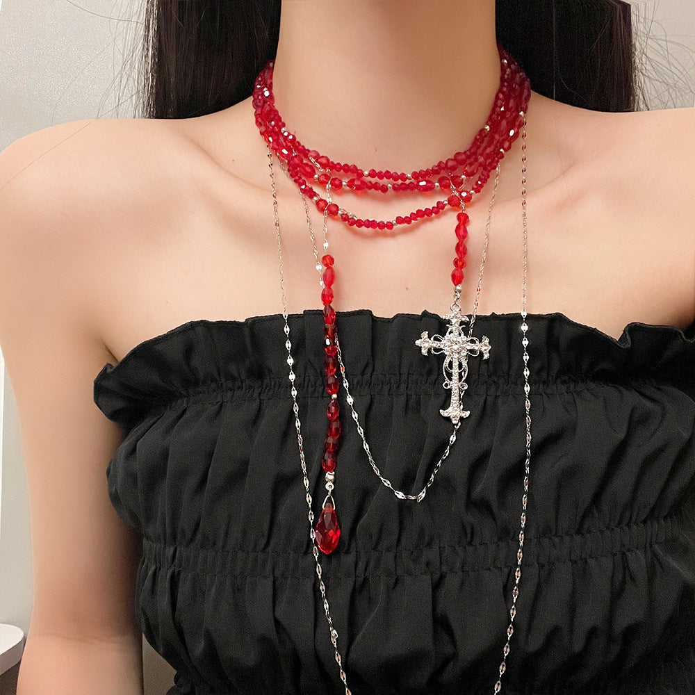 Gothic Girl Rote Perlen Kreuz Mehrlagige Halskette Choker
