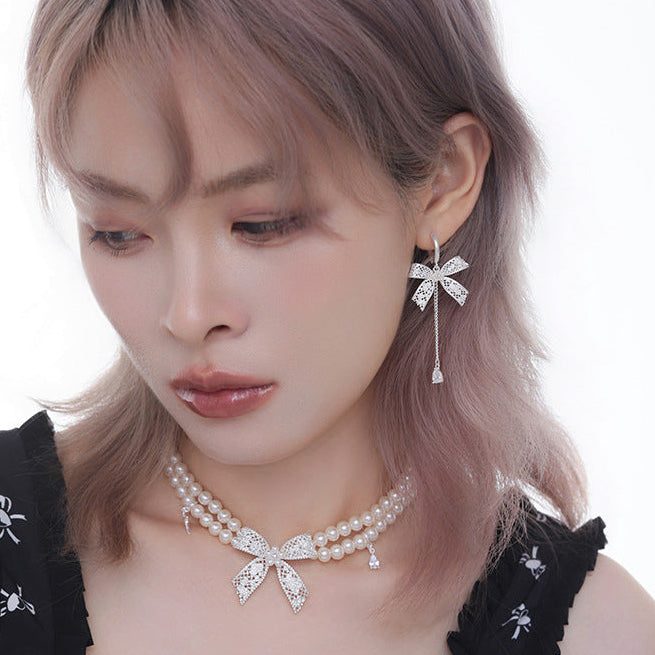 Asymmetrical Lace Bow Hoop Earrings