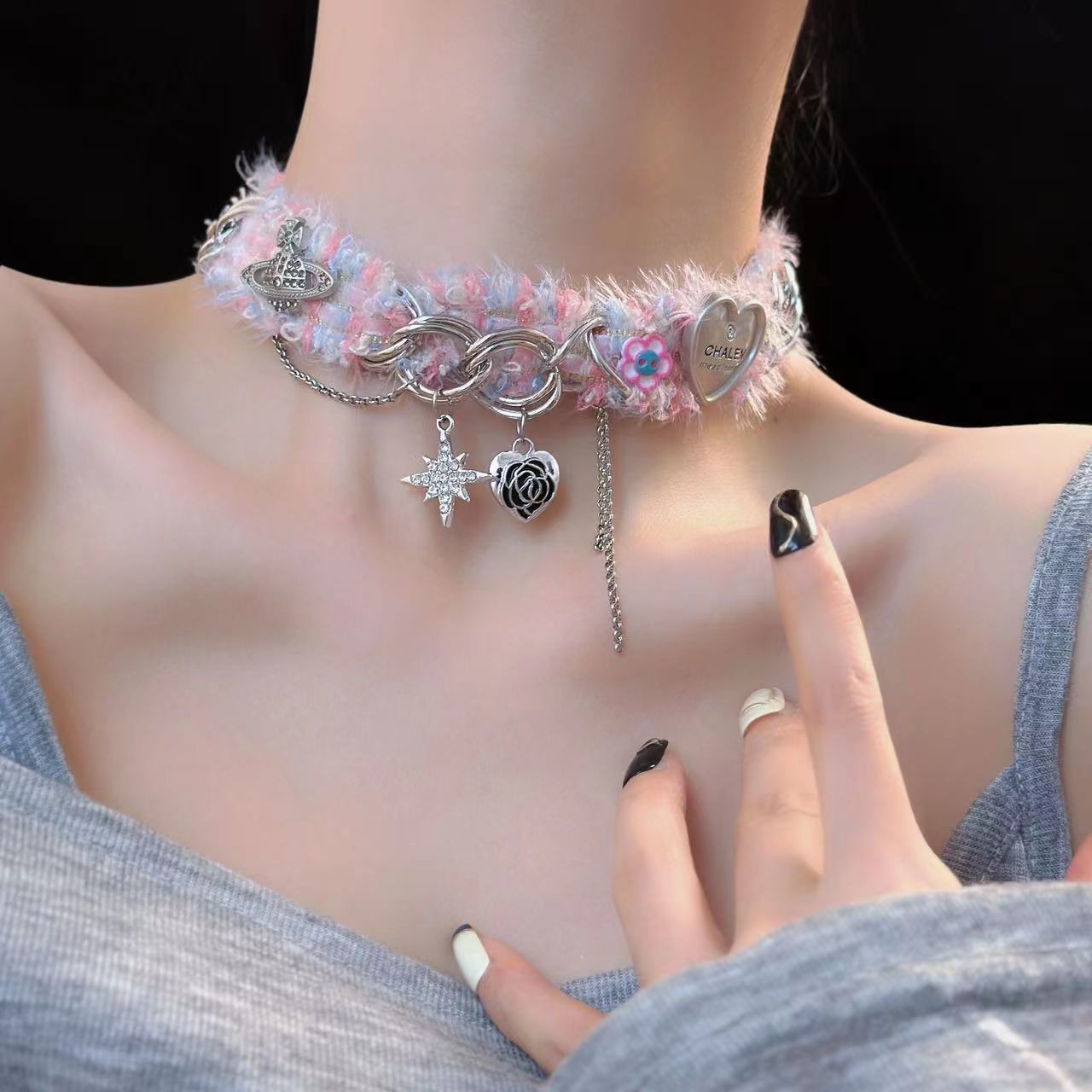 Y2K Spicy Girl Designer Herz &amp; Stern Woll Choker Halskette