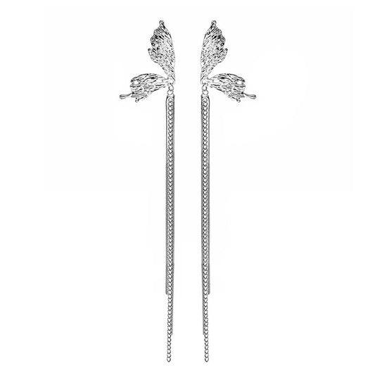 Schicker silberner Ohrstecker mit langer Quaste und Schmetterling