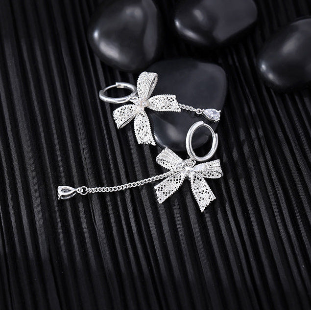 Asymmetrical Lace Bow Hoop Earrings