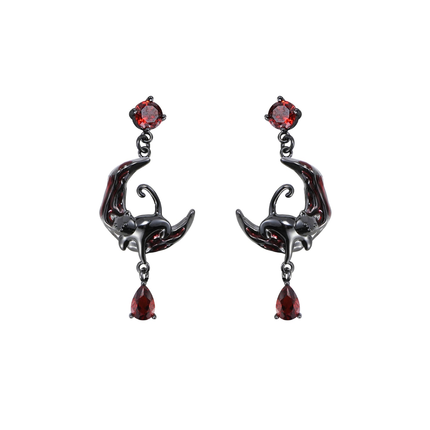 Boucles d'oreilles clous chat gothique Y2K et lune rouge