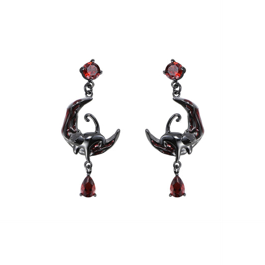 Y2K Goth Black Cat & Red Moon Stud Earring