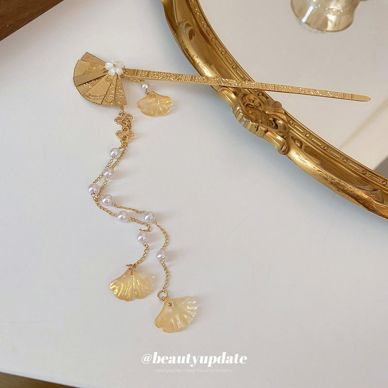 Chinese Style Gold Fan Floral Tassel Hairpin
