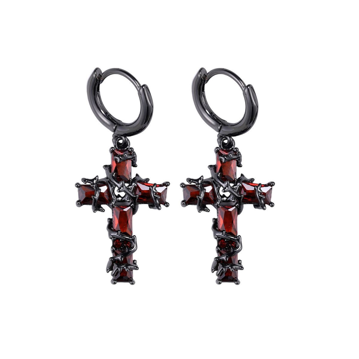 Goth Red Thorn Cross Hoop Earrings
