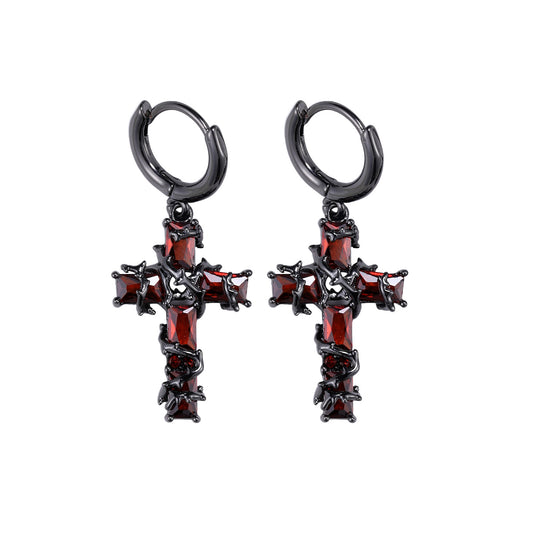 Goth Red Thorn Cross Hoop Earrings