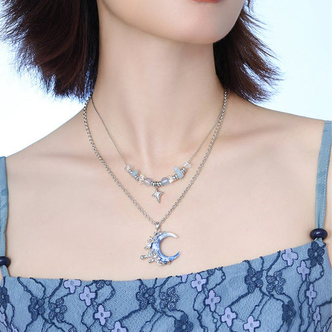 Y2K Blue Moon & Star Double Layer Necklace