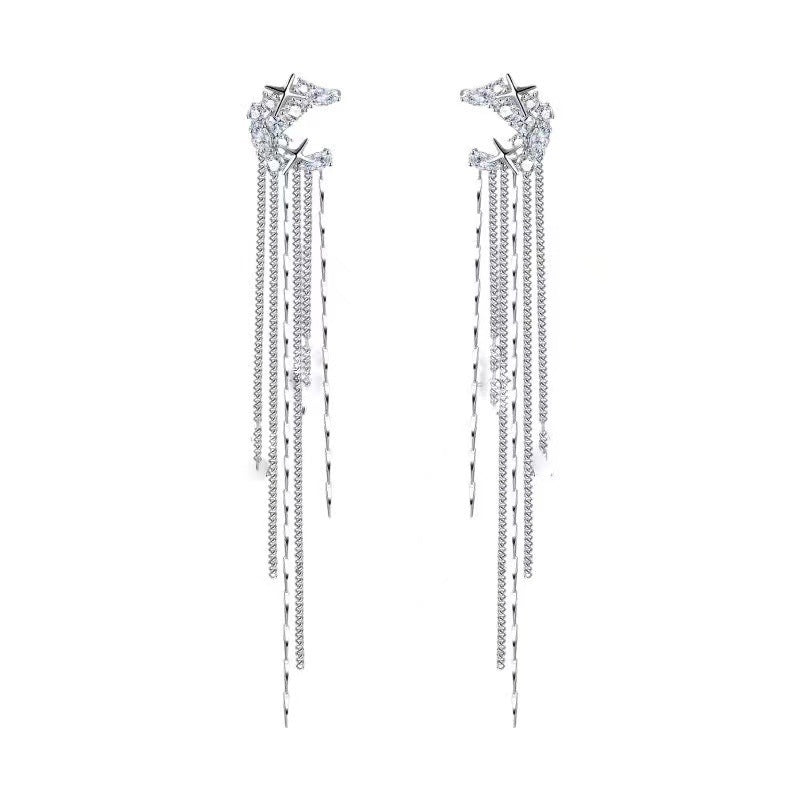 Shining Chic Women Rhinestone Moon Long Tassel Ear Cuff