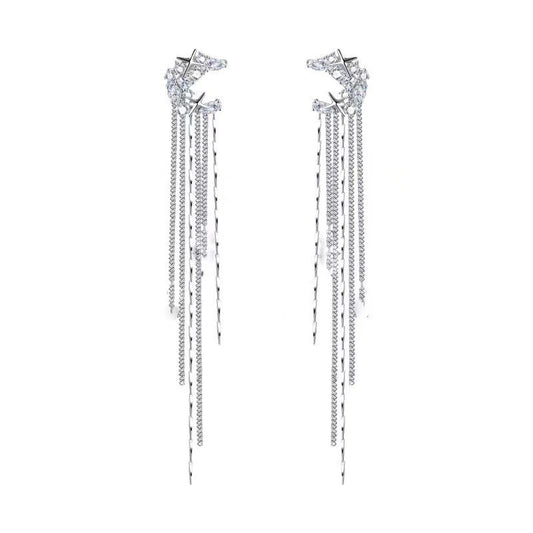 Shining Chic Women Rhinestone Moon Long Tassel Ear Cuff