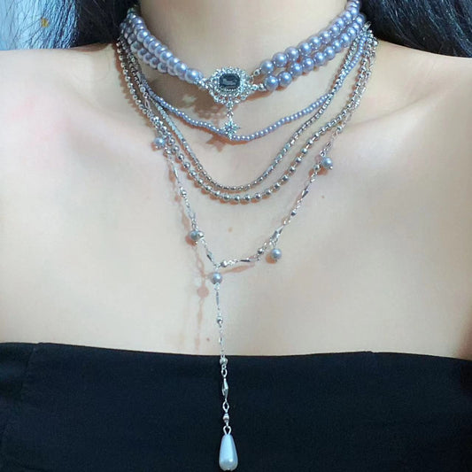 Quadratische Zirkon Silbergraue Perlen Mehrschichtige Halskette