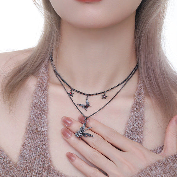 Goth Black Butterfly Guitar Double Layers Necklace
