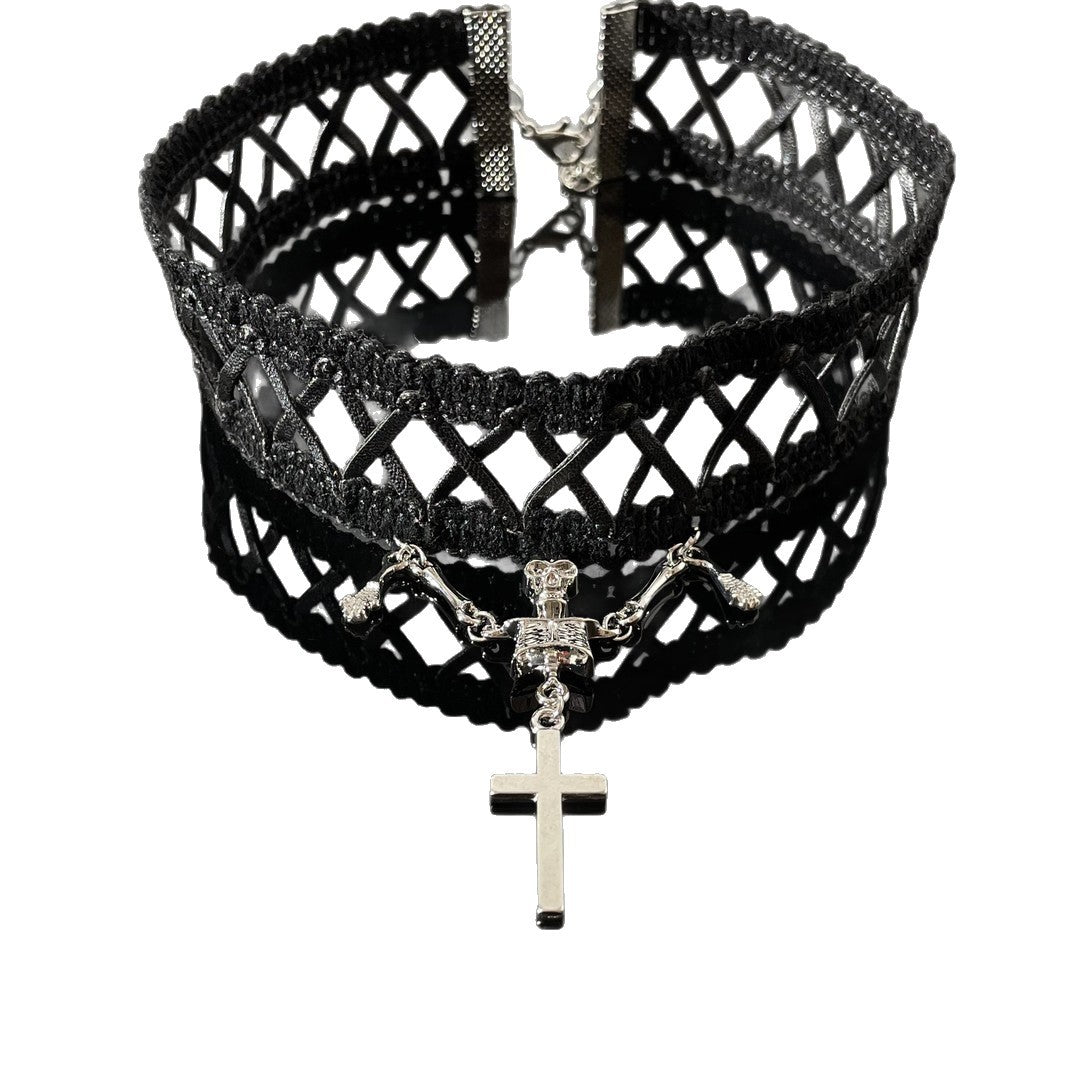 Goth Punk Cross and Skull Double Layer Choker Necklace