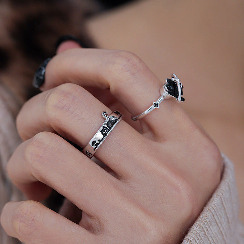 Cute Doodle Black Cat Couple Rings