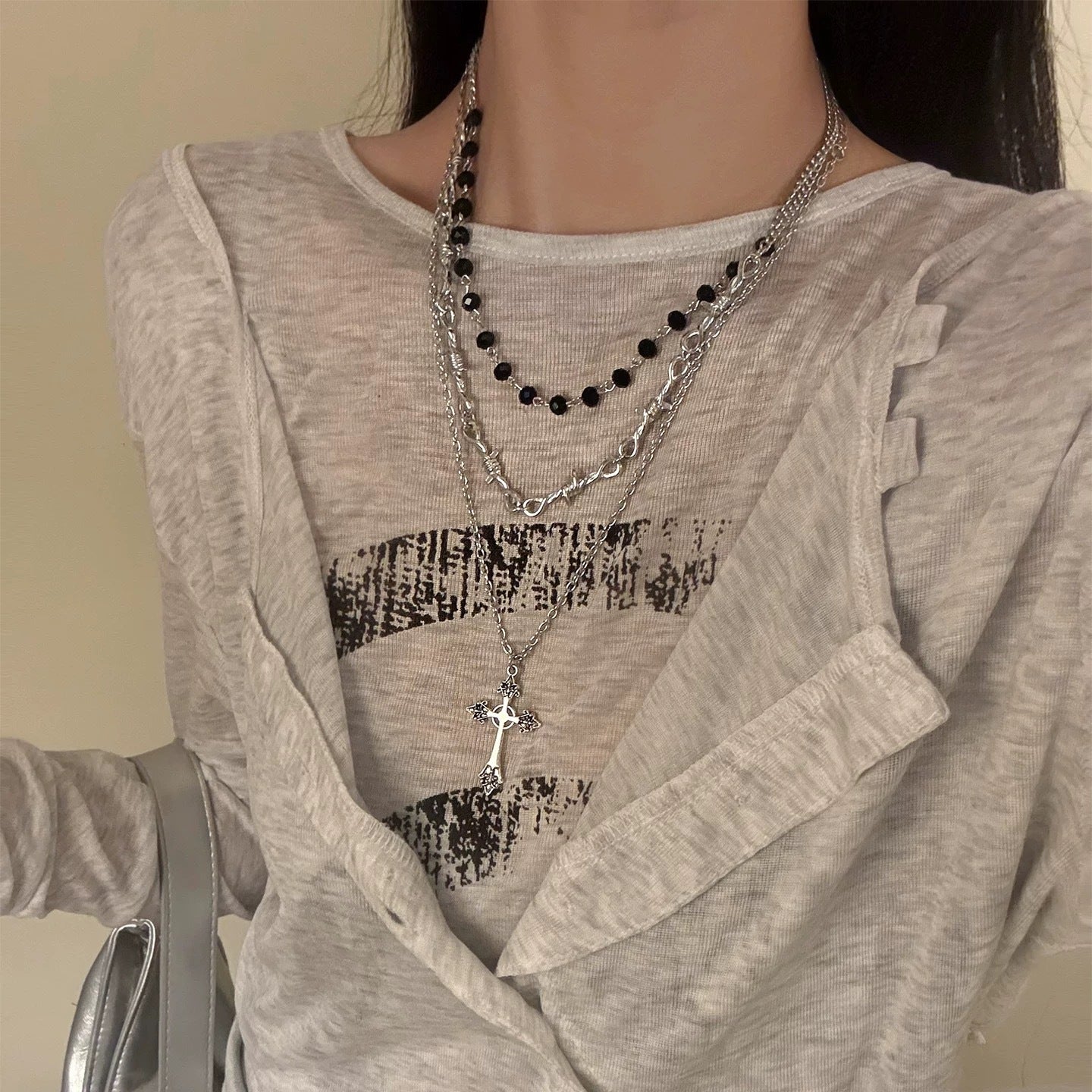 Y2K Goth Vintage Cross Beads Multi-Layer Necklace