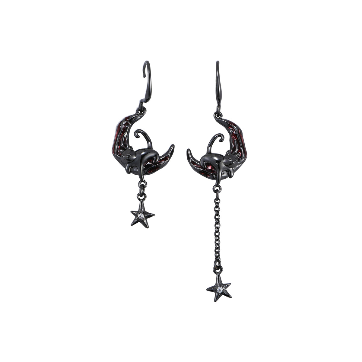 Y2K Goth Black Cat & Red Moon Asymmetrical Hook Earrings