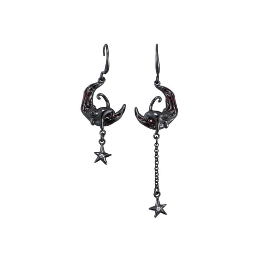 Y2K Goth Black Cat & Red Moon Asymmetrical Hook Earrings