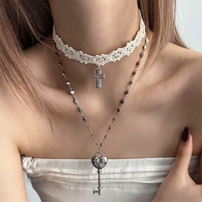 Y2K White Cross & Key Choker Necklace