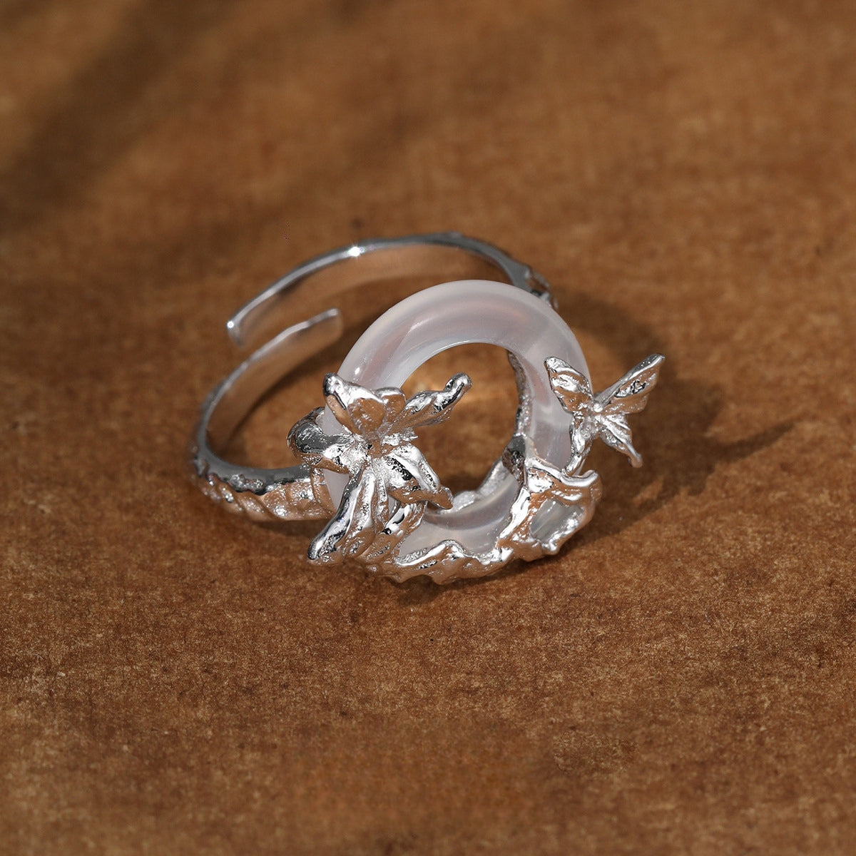 S925 Silber Schmetterling Weiß Jade Ring