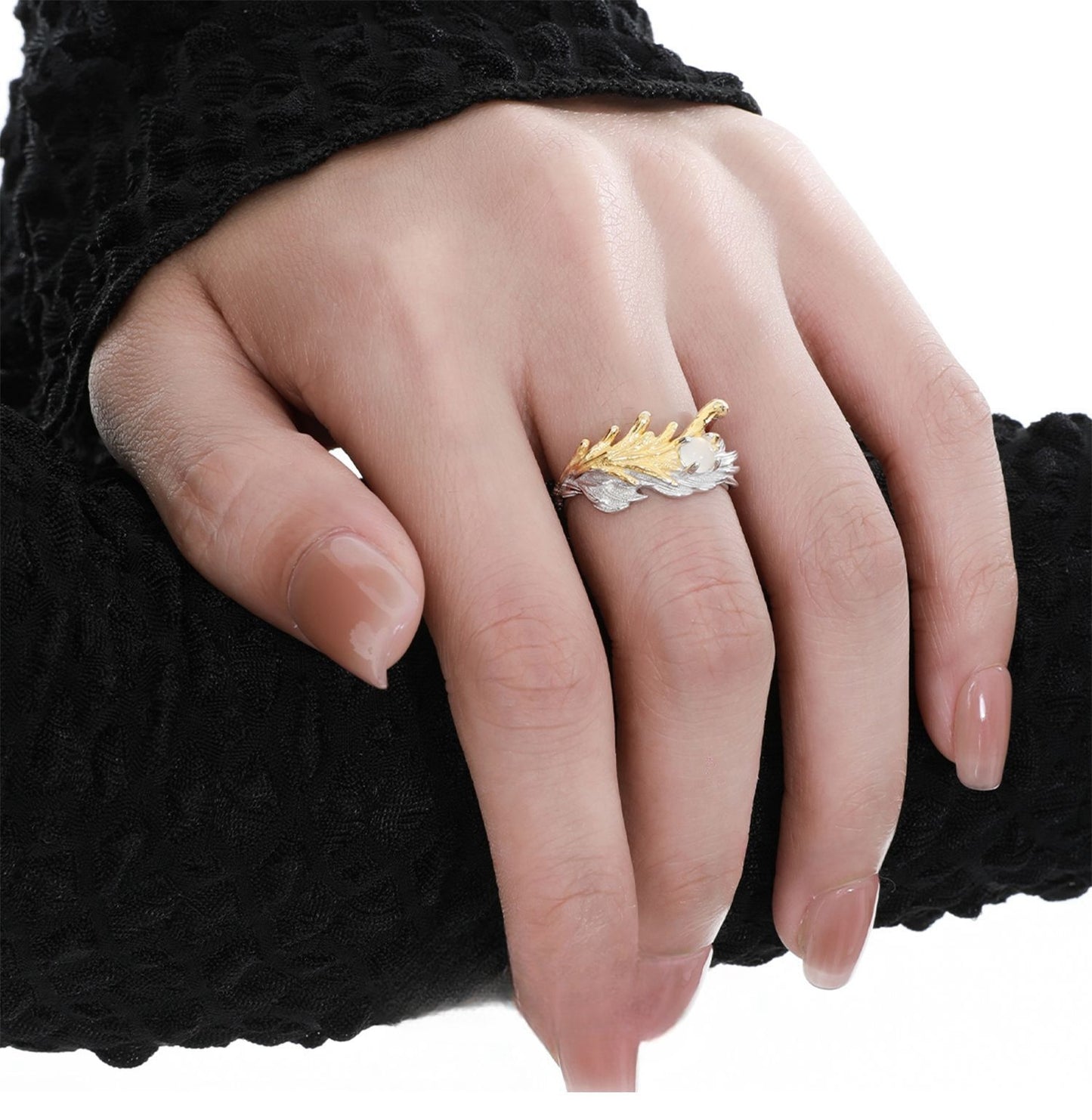 S925 Silber Schwarzer Designer-Ring mit Engelsflügel und Feder